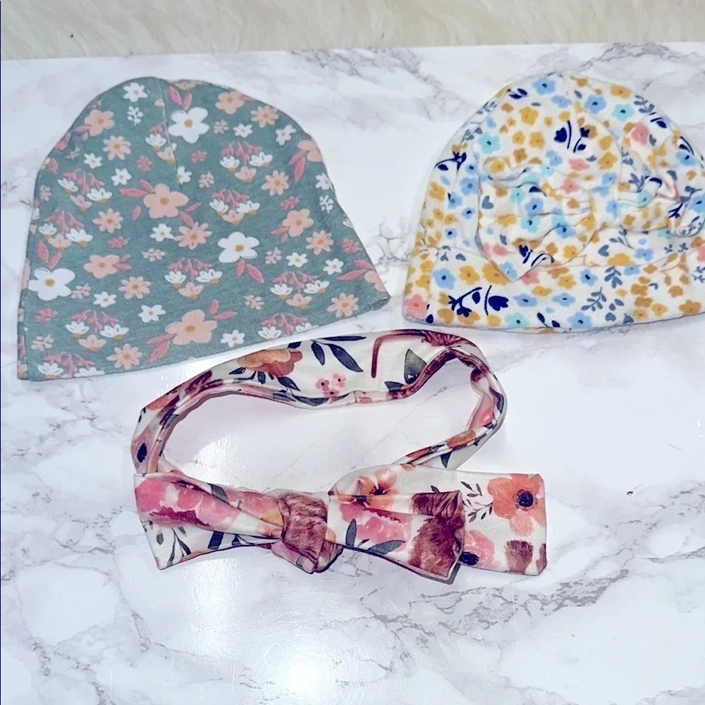 Floral Kids boho hats Headband and Beanie Set 0-6 Months